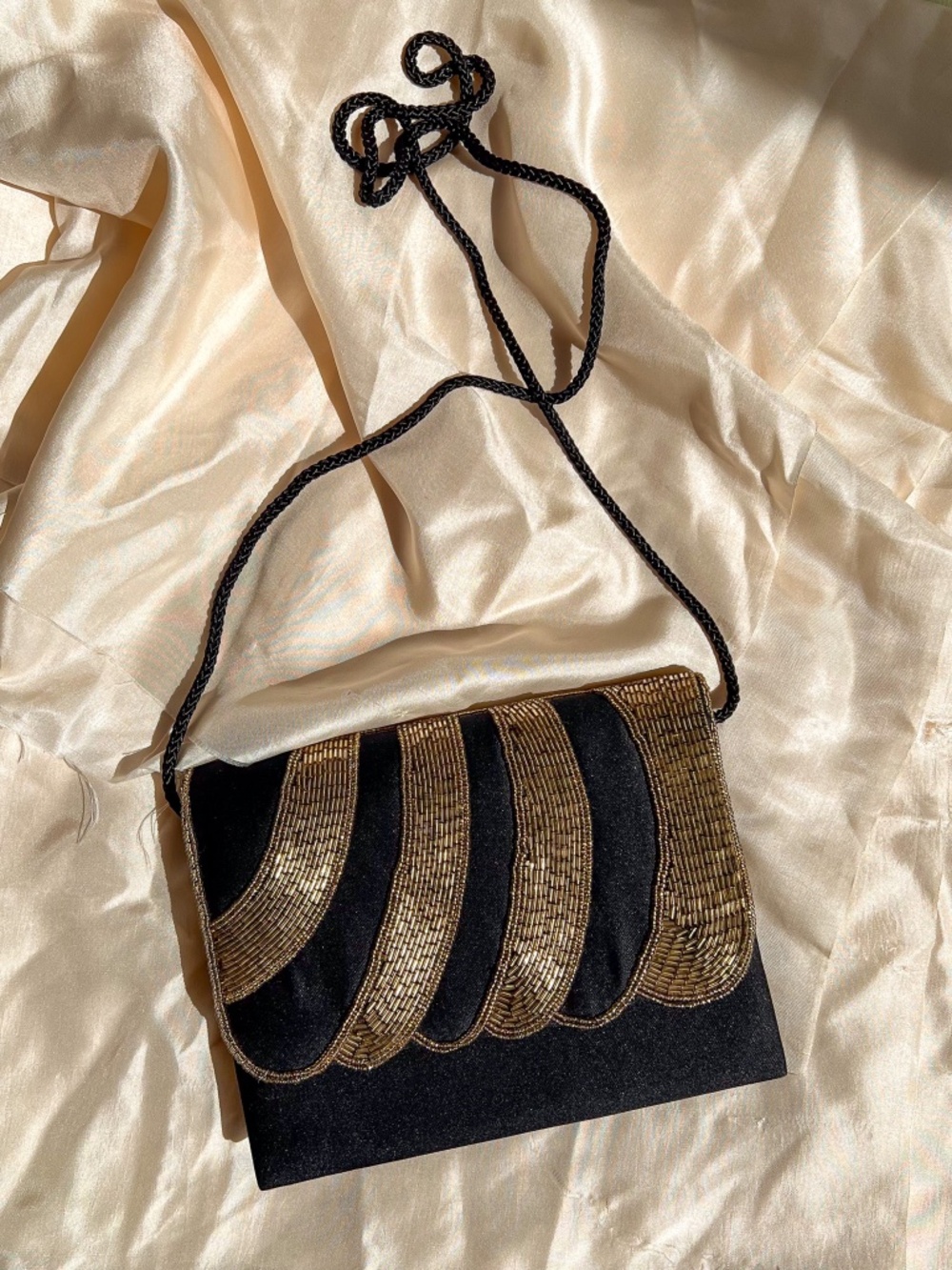 Vintage 1980s Mervyn's Black Evening Bag With Gold Beading